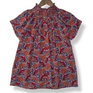 Rungolee S Blouse Phoenix Bird 100% Silk Smocked Mock Neck Flutter Sleeve Boho
